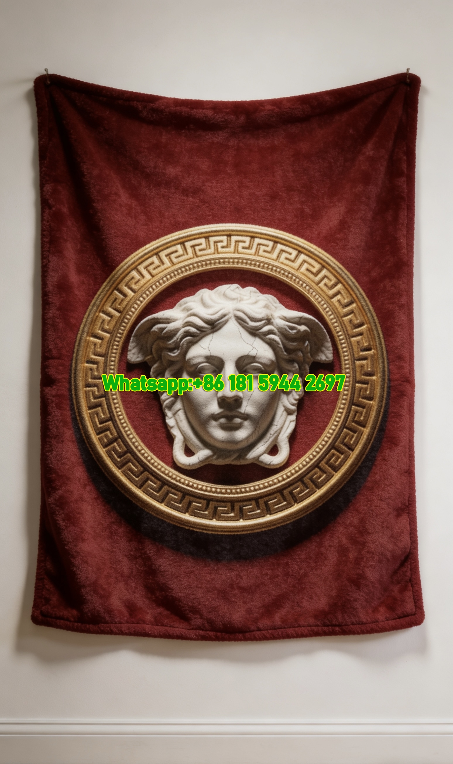 Versace Burgundy Red Gold White Medusa Greek Key Sculpture Print Flannel Sofa Throw Blanket IMG_1415
